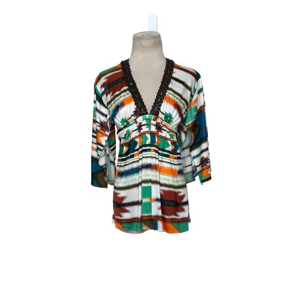 Sky vibrant colors silk 3/4 sleeves boho top size XS - Picture 14 of 14